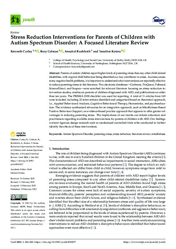 Stress Reduction Interventions for Parents of Children with Autism Spectrum Disorder: A Focused Literature Review Thumbnail