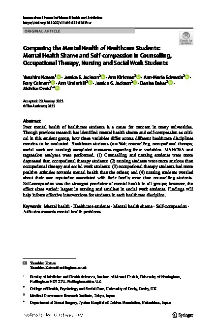 Comparing the Mental Health of Healthcare Students: Mental Health Shame and Self-compassion in Counselling, Occupational Therapy, Nursing and Social Work Students Thumbnail