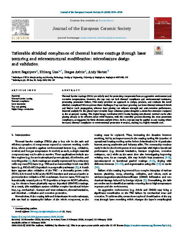 Tailorable shielded compliance of thermal barrier coatings through laser texturing and microstructural modification: microfeature design and validation Thumbnail