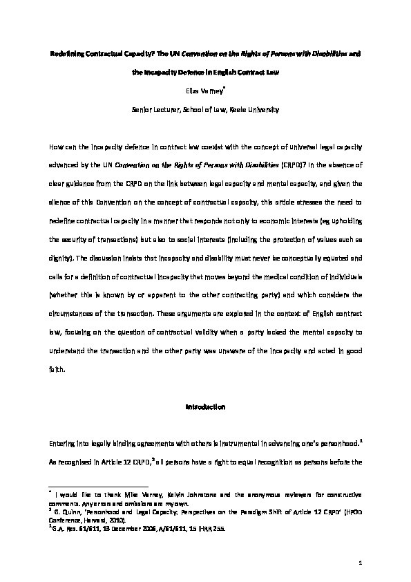 Redefining contractual capacity? the UN Convention on the Rights of Persons with Disabilities and the incapacity defence in English contract law Thumbnail