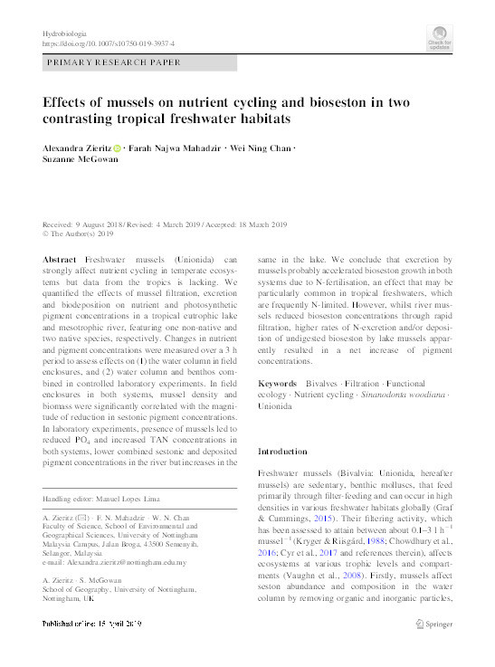 Effects of mussels on nutrient cycling and bioseston in two contrasting tropical  freshwater habitats Thumbnail