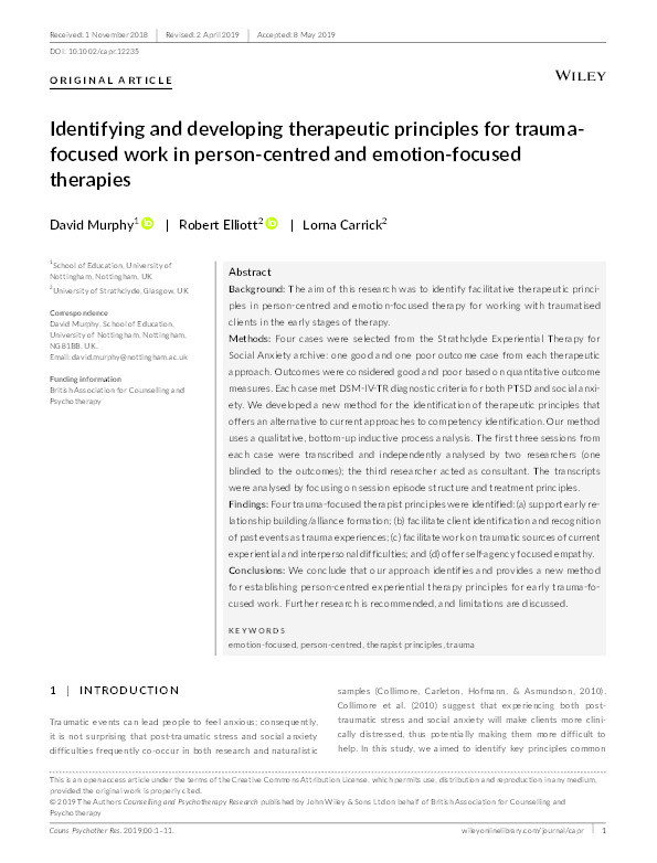 Identifying and developing therapeutic principles for trauma‐focused work in person‐centred and emotion‐focused therapies Thumbnail