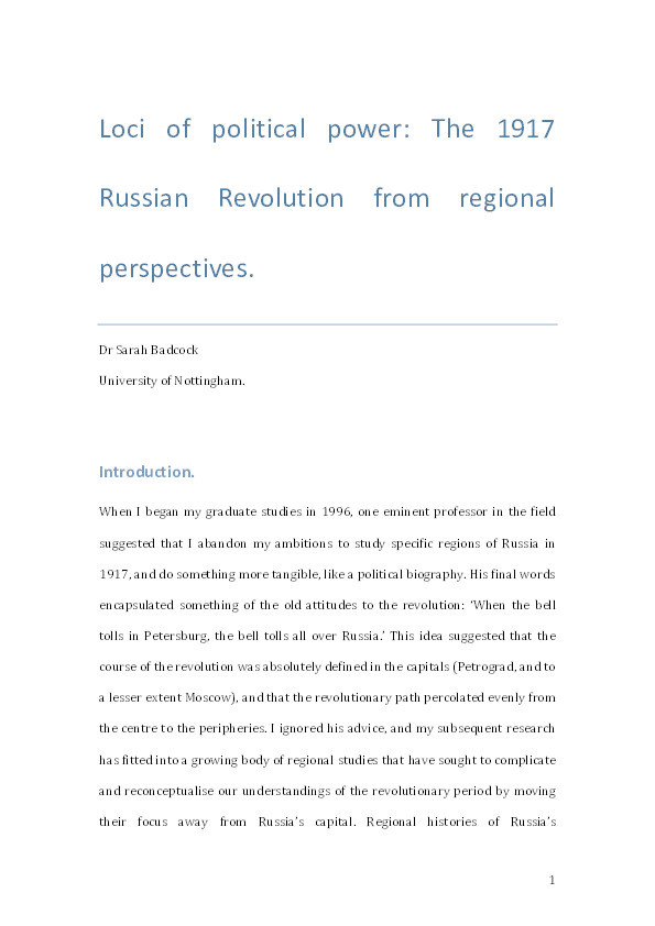 Loci of political power: the 1917 Russian Revolution from regional perspectives Thumbnail