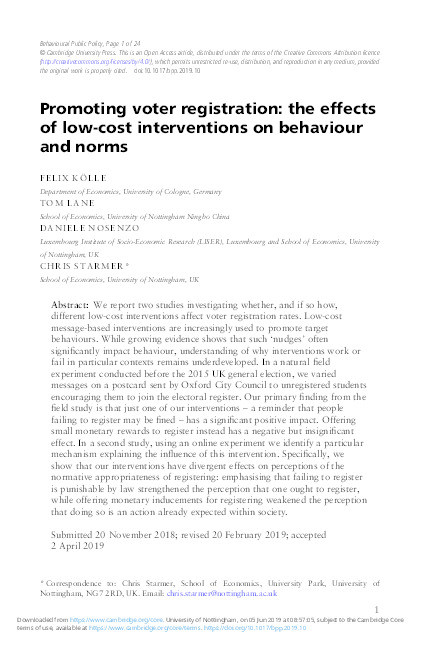 Promoting voter registration: the effects of low-cost interventions on behaviour and norms Thumbnail