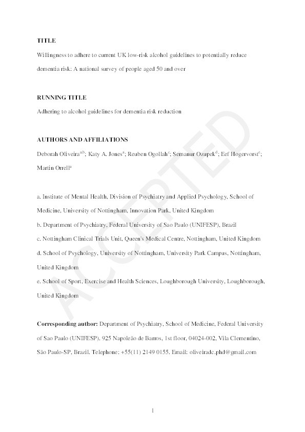 Willingness to adhere to current UK low-risk alcohol guidelines to potentially reduce dementia risk: a national survey of people aged 50 and over Thumbnail