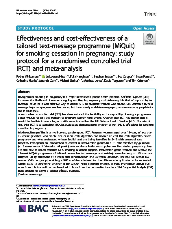 Effectiveness and cost-effectiveness of a tailored text message programme (MiQuit) for smoking cessation in pregnancy: study protocol for a randomised controlled trial and meta-analysis Thumbnail
