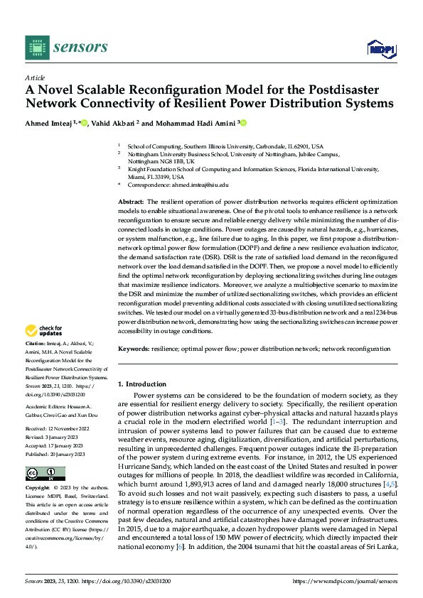 A Novel Scalable Reconfiguration Model for the Postdisaster Network Connectivity of Resilient Power Distribution Systems Thumbnail