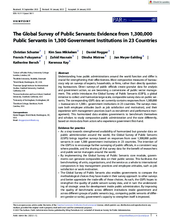 The Global Survey of Public Servants: Evidence from 1,300,000 Public Servants in 1,300 Government Institutions in 23 Countries Thumbnail