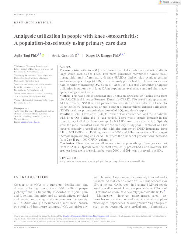 Analgesic utilization in people with knee osteoarthritis: A population-based study using primary care data Thumbnail