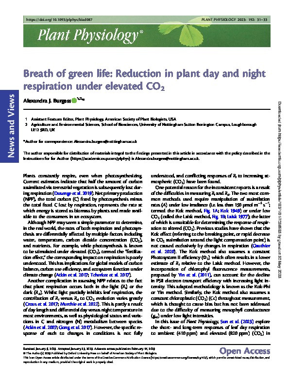 Breath of Green Life: Reduction in plant day and night respiration under elevated CO2 Thumbnail