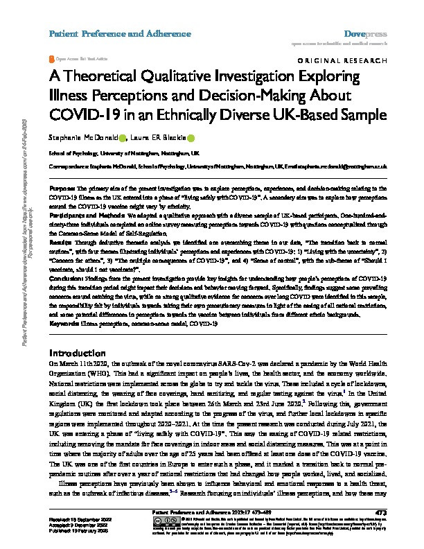 A Theoretical Qualitative Investigation Exploring Illness Perceptions and Decision-Making About COVID-19 in an Ethnically Diverse UK-Based Sample Thumbnail