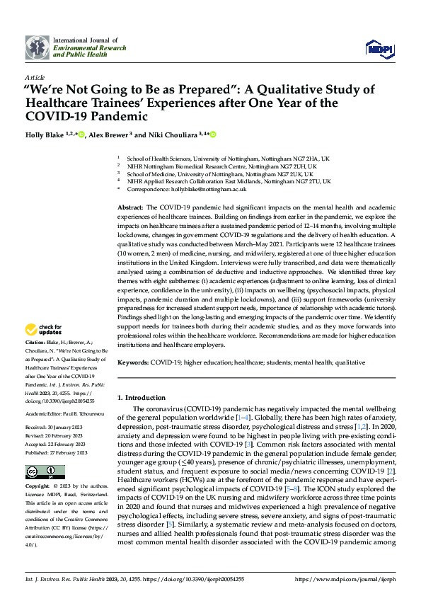 “We’re Not Going to Be as Prepared”: A Qualitative Study of Healthcare Trainees’ Experiences after One Year of the COVID-19 Pandemic Thumbnail