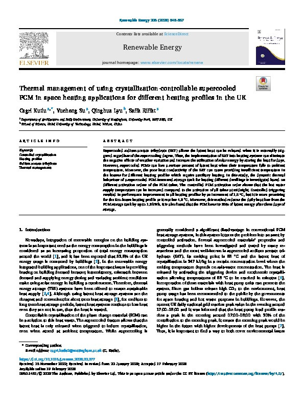 Thermal management of using crystallization-controllable supercooled PCM in space heating applications for different heating profiles in the UK Thumbnail