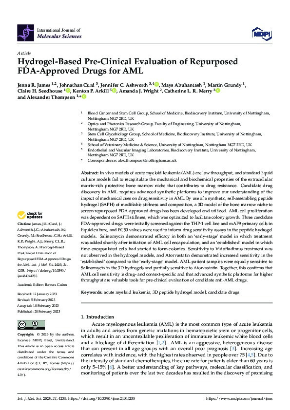 Hydrogel-Based Pre-Clinical Evaluation of Repurposed FDA-Approved Drugs for AML Thumbnail
