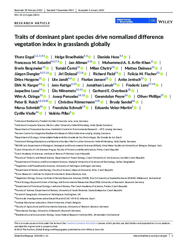 Traits of dominant plant species drive normalized difference vegetation index in grasslands globally Thumbnail
