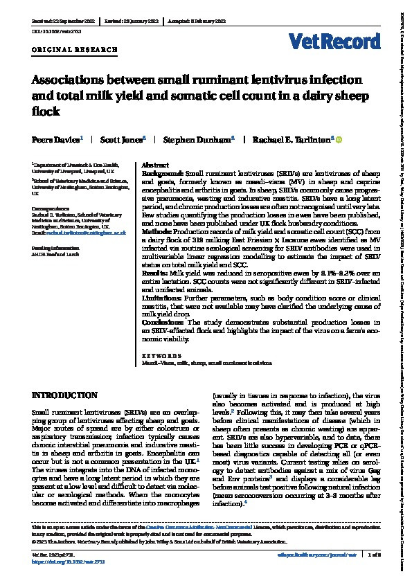 Associations between small ruminant lentivirus infection and total milk yield and somatic cell count in a dairy sheep flock Thumbnail