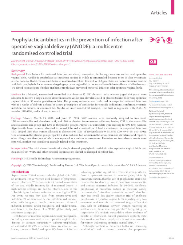 Prophylactic antibiotics in the prevention of infection after operative vaginal delivery (ANODE): a multicentre randomised controlled trial Thumbnail