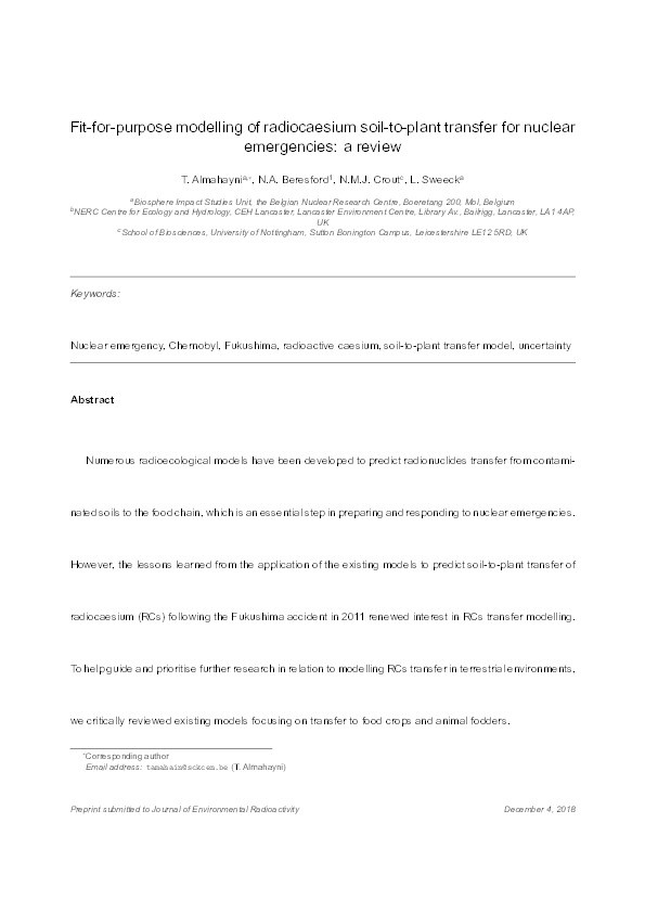 Fit-for-purpose modelling of radiocaesium soil-to-plant transfer for nuclear emergencies: a review Thumbnail