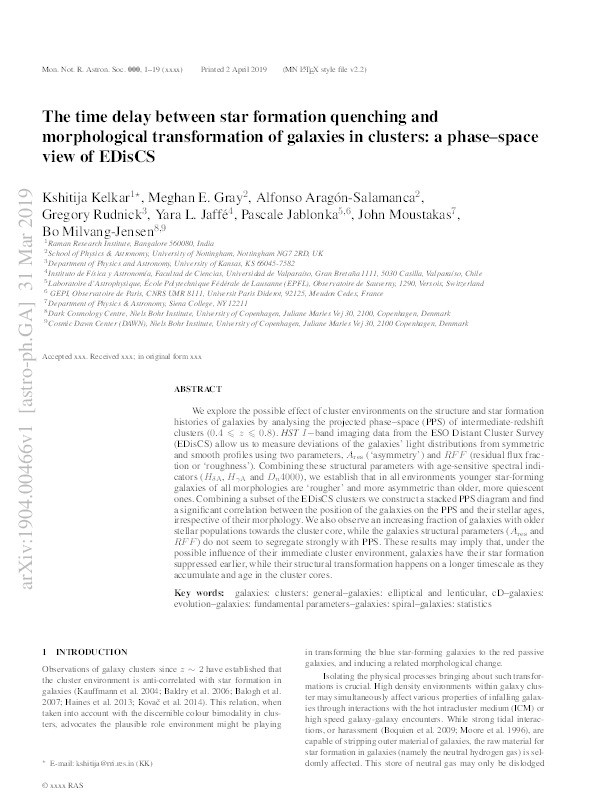 The time delay between star formation quenching and morphological transformation of galaxies in clusters: a phase–space view of EDisCS Thumbnail