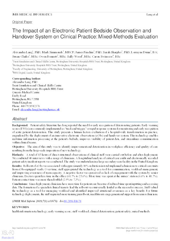The impact of an electronic patient bedside observation and handover system on clinical practice: mixed-methods evaluation Thumbnail