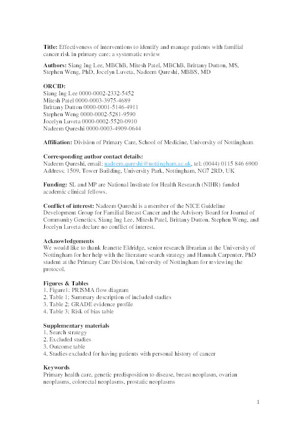 Effectiveness of interventions to identify and manage patients with familial cancer risk in primary care: a systematic review Thumbnail