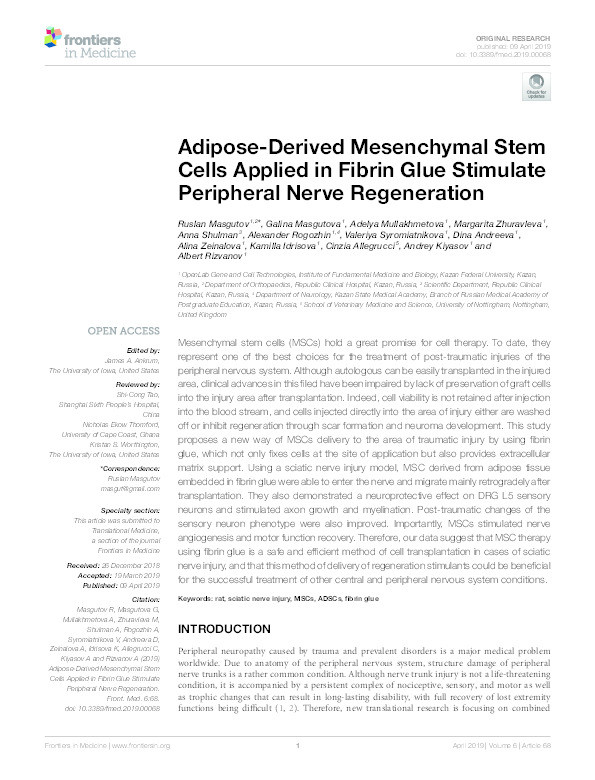 Adipose-derived mesenchymal stem cells applied in fibrin glue stimulate peripheral nerve regeneration Thumbnail