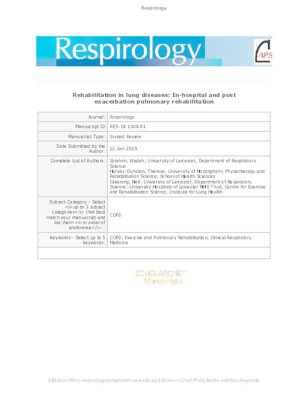 Rehabilitation in chronic respiratory diseases: In-hospital and post-exacerbation pulmonary rehabilitation: Peri-exacerbation pulmonary rehabilitation Thumbnail