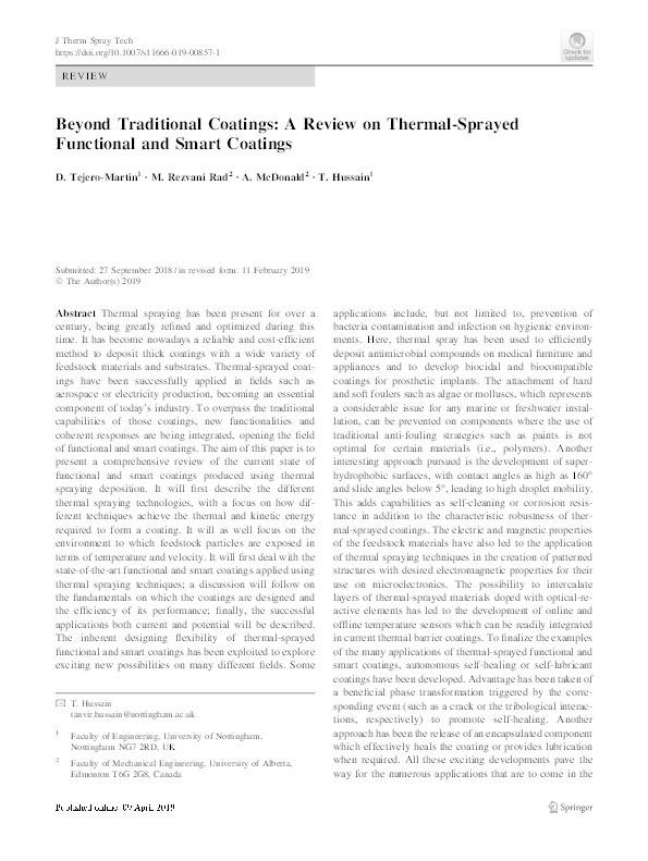 Beyond traditional coatings: a review on thermal-sprayed functional and smart coatings Thumbnail