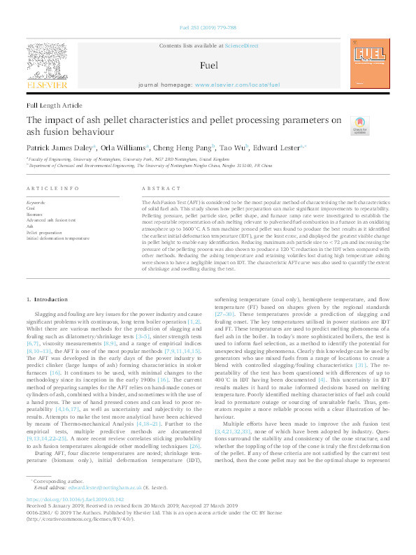 The impact of ash pellet characteristics and pellet processing parameters on ash fusion behaviour Thumbnail