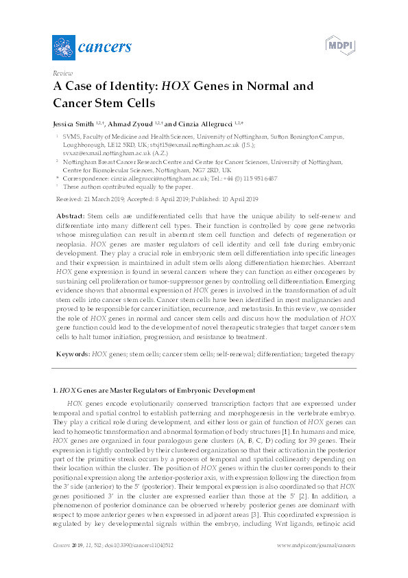A case of identity: HOX genes in normal and cancer stem cells Thumbnail