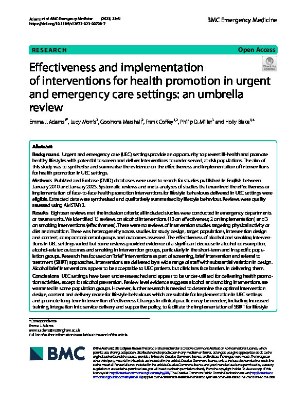 Effectiveness and implementation of interventions for health promotion in urgent and emergency care settings: an umbrella review Thumbnail