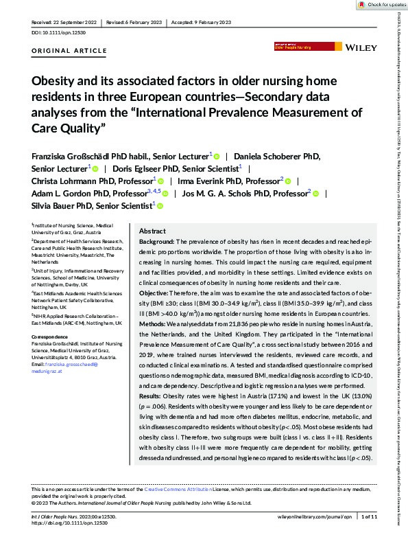 Obesity and its associated factors in older nursing home residents in three European countries—Secondary data analyses from the “International Prevalence Measurement of Care Quality” Thumbnail