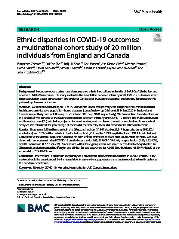 Ethnic disparities in COVID-19 outcomes: a multinational cohort study of 20 million individuals from England and Canada Thumbnail