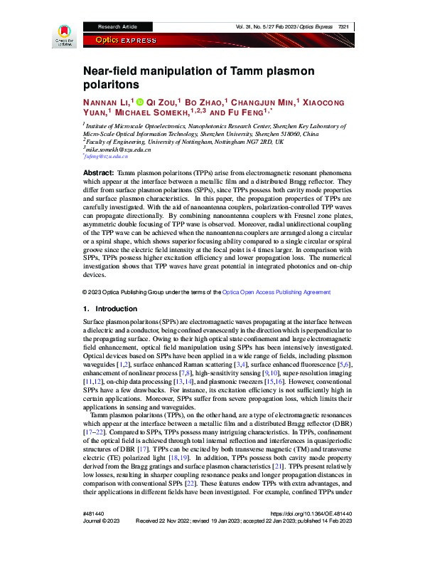Near-field manipulation of Tamm plasmon polaritons Thumbnail