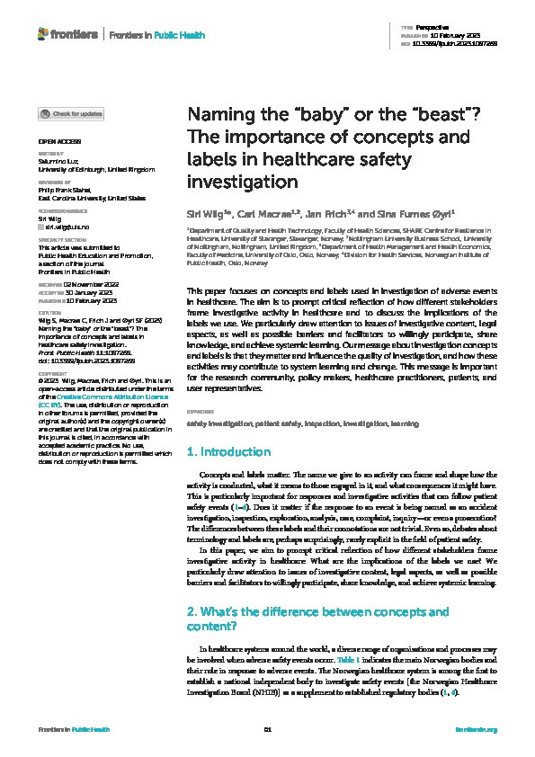 Naming the “baby” or the “beast”? The importance of concepts and labels in healthcare safety investigation Thumbnail