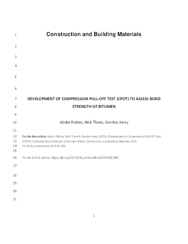 Development of compression pull-off test (CPOT) to assess bond strength of bitumen Thumbnail
