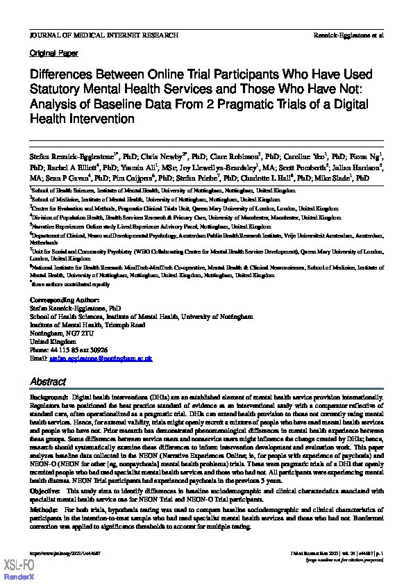 Differences Between Online Trial Participants Who Have Used Statutory Mental Health Services and Those Who Have Not: Analysis of Baseline Data From 2 Pragmatic Trials of a Digital Health Intervention. Thumbnail