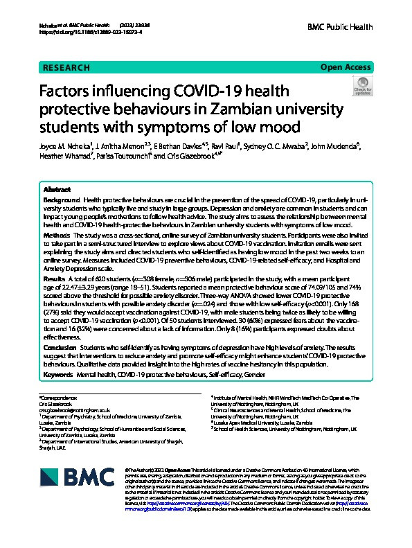 Factors influencing COVID-19 health protective behaviours in Zambian university students with symptoms of low mood Thumbnail
