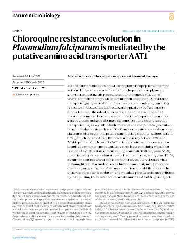 Chloroquine resistance evolution in Plasmodium falciparum is mediated by the putative amino acid transporter AAT1 Thumbnail
