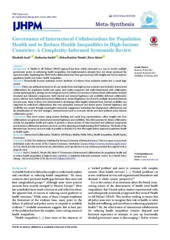 Governance of Intersectoral Collaborations for Population Health and to Reduce Health Inequalities in High-Income Countries: A Complexity-Informed Systematic Review Thumbnail