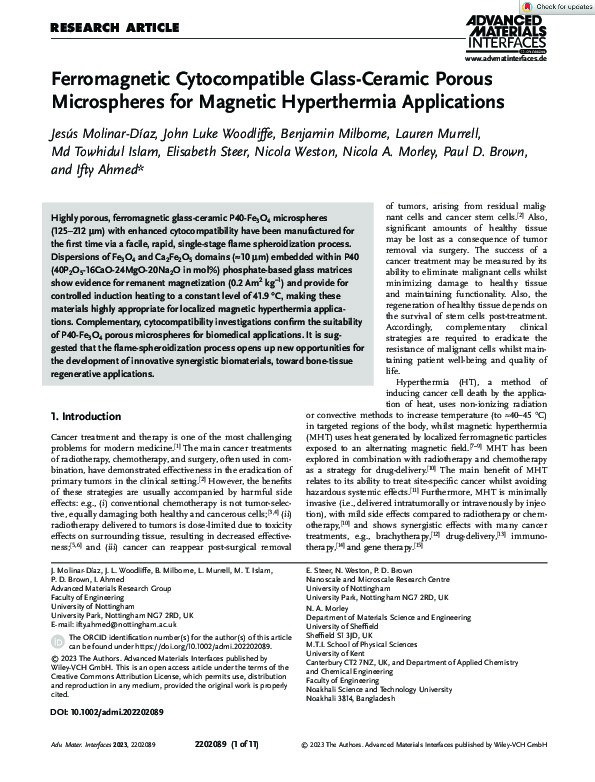 Ferromagnetic Cytocompatible Glass-Ceramic Porous Microspheres for Magnetic Hyperthermia Applications Thumbnail