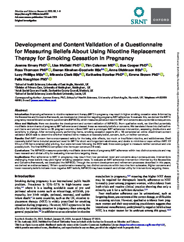 Development and Content Validation of a Questionnaire for Measuring Beliefs About Using Nicotine Replacement Therapy for Smoking Cessation in Pregnancy Thumbnail