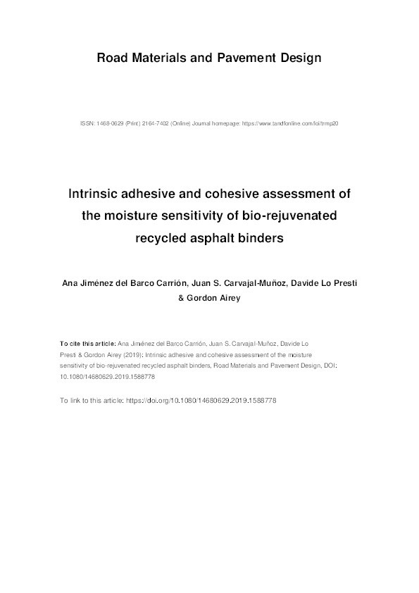 Intrinsic adhesive and cohesive assessment of the moisture sensitivity of bio-rejuvenated recycled asphalt binders Thumbnail
