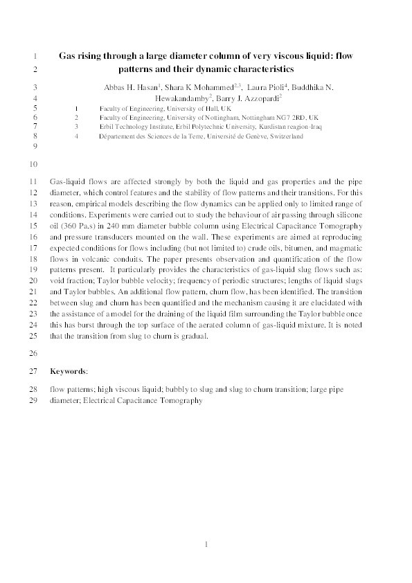 Gas rising through a large diameter column of very viscous liquid: flow patterns and their dynamic characteristics Thumbnail