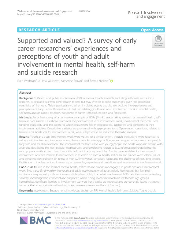 Supported and valued? A survey of early career researchers’ experiences and perceptions of youth and adult involvement in mental health, self-harm and suicide research Thumbnail