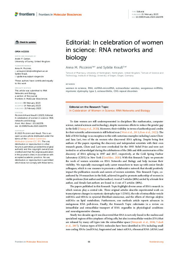 Editorial: In celebration of women in science: RNA networks and biology Thumbnail