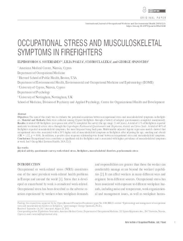 Occupational stress and musculoskeletal symptoms in firefighters Thumbnail