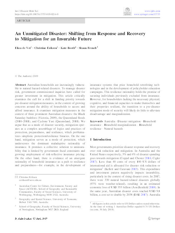 An Unmitigated Disaster: Shifting from Response and Recovery to Mitigation for an Insurable Future Thumbnail