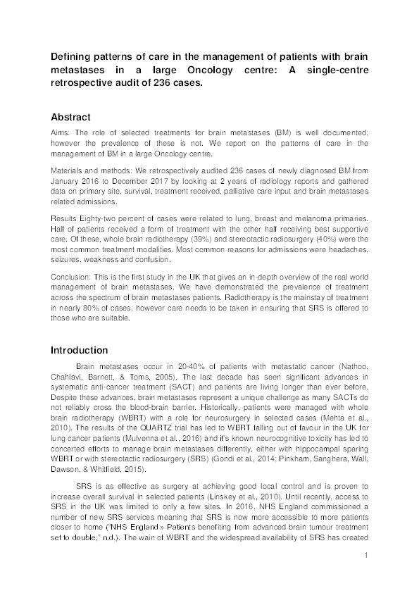 Defining patterns of care in the management of patients with brain metastases in a large oncology centre: A single‐centre retrospective audit of 236 cases Thumbnail