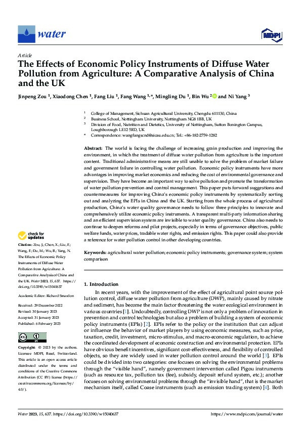 The Effects of Economic Policy Instruments of Diffuse Water Pollution from Agriculture: A Comparative Analysis of China and the UK Thumbnail